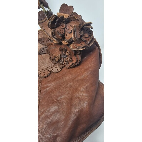 Lucky Brand Handbag Brown Italian Leather Boho Floral Applique Shoulder Bag Rare - Picture 8 of 16